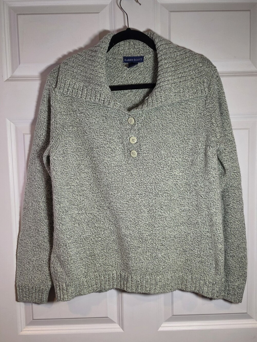 Karen Scott Shawl Collar Button Pullover Sweater Acrylic Blend - Sage Green M